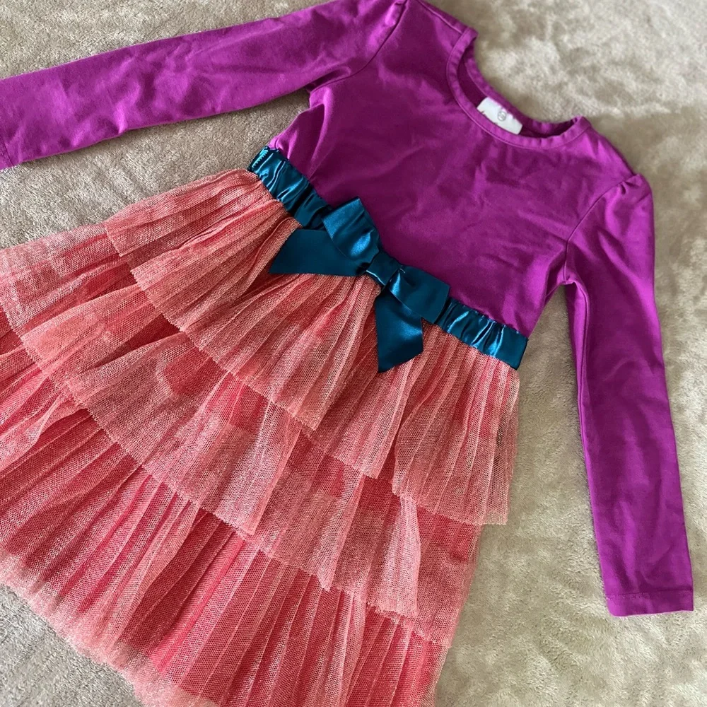 Hanna Andersson Girls' Tiered Bow Dress Size 4 💜💙🧡✨ - Picture 2 of 3
